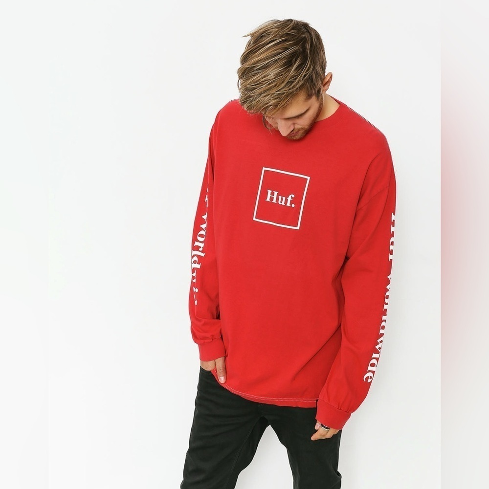 Huf Worldwide Men’s Domestic Logo Long Sleeve in Red/White Size M